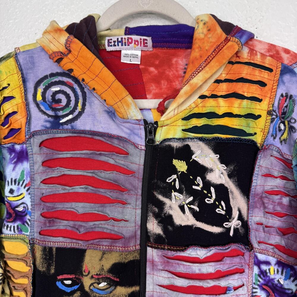 EzHiPPiE Jacket Womens Large Patchwork Boho Hippie Hooded Zip Multicolor Tie Dye - Picture 4 of 10